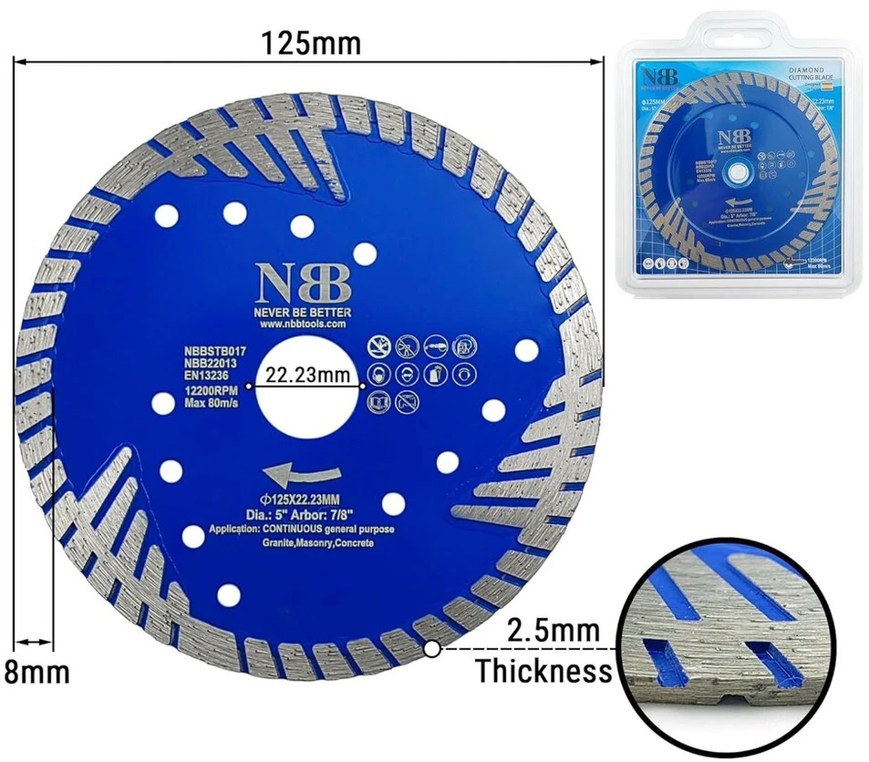 Nbb deimantinis pjovimo diskas deimantinis pjūklas su sustiprintu turbo pjovimo segmentu, 8 mm aukščio, 22,23 mm ašis, deimantinis pjovimo diskas skirtas bendram naudojimui, pjaunant granitą, keramiką, plytas, betoną (125 mm)