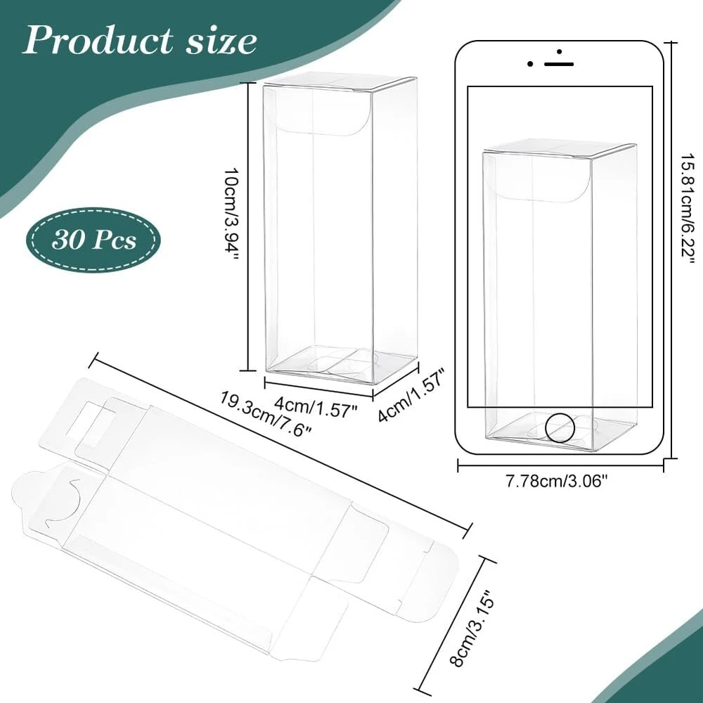 Nbeads 30 vnt. skaidrių plastikinių pvc dėžučių, 4 x 4 x 10 cm, skaidrios stačiakampės dovanų pakavimo dėžutės, vestuvių vakarėlio dovanų dėžutės saldainiams, sausainiams, pyragams, šokoladams, dovanų formoms
