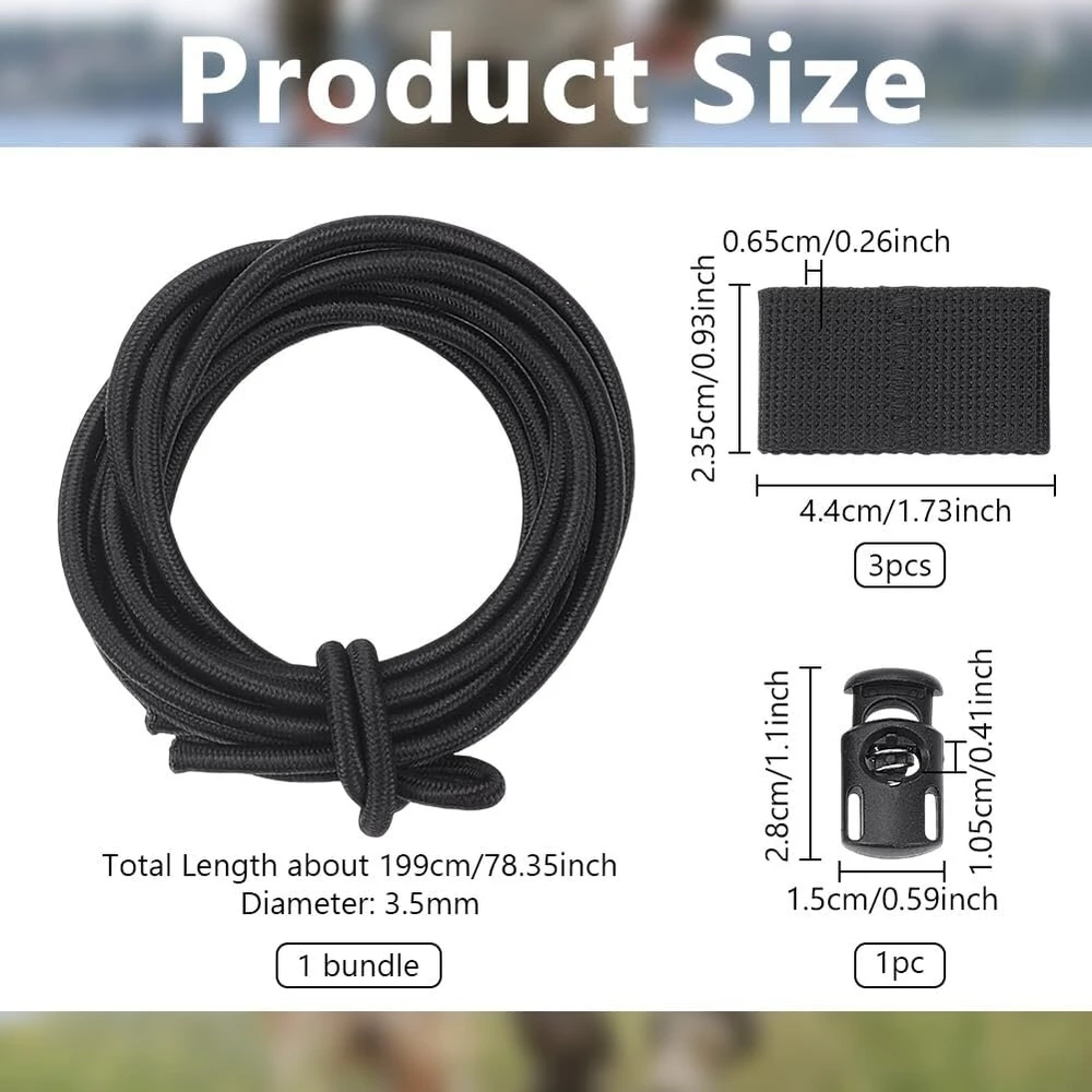 Nbeads elastinė nailoninė virvė, 2 m elastinė virvė su plastikiniais virvelių užraktais, plastikinių virvelių užraktų rinkinys stovyklavimui, žygiams, sportui, kuprinėms, juoda