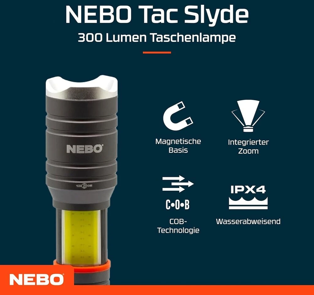Nebo Tac Slyde - 300 liumenų žibintuvėlis su 12x reguliuojamu priartinimu - 5 šviesos režimai ir cob darbinis žibintas - žygiavimo įranga ir stovyklavimo reikmenys