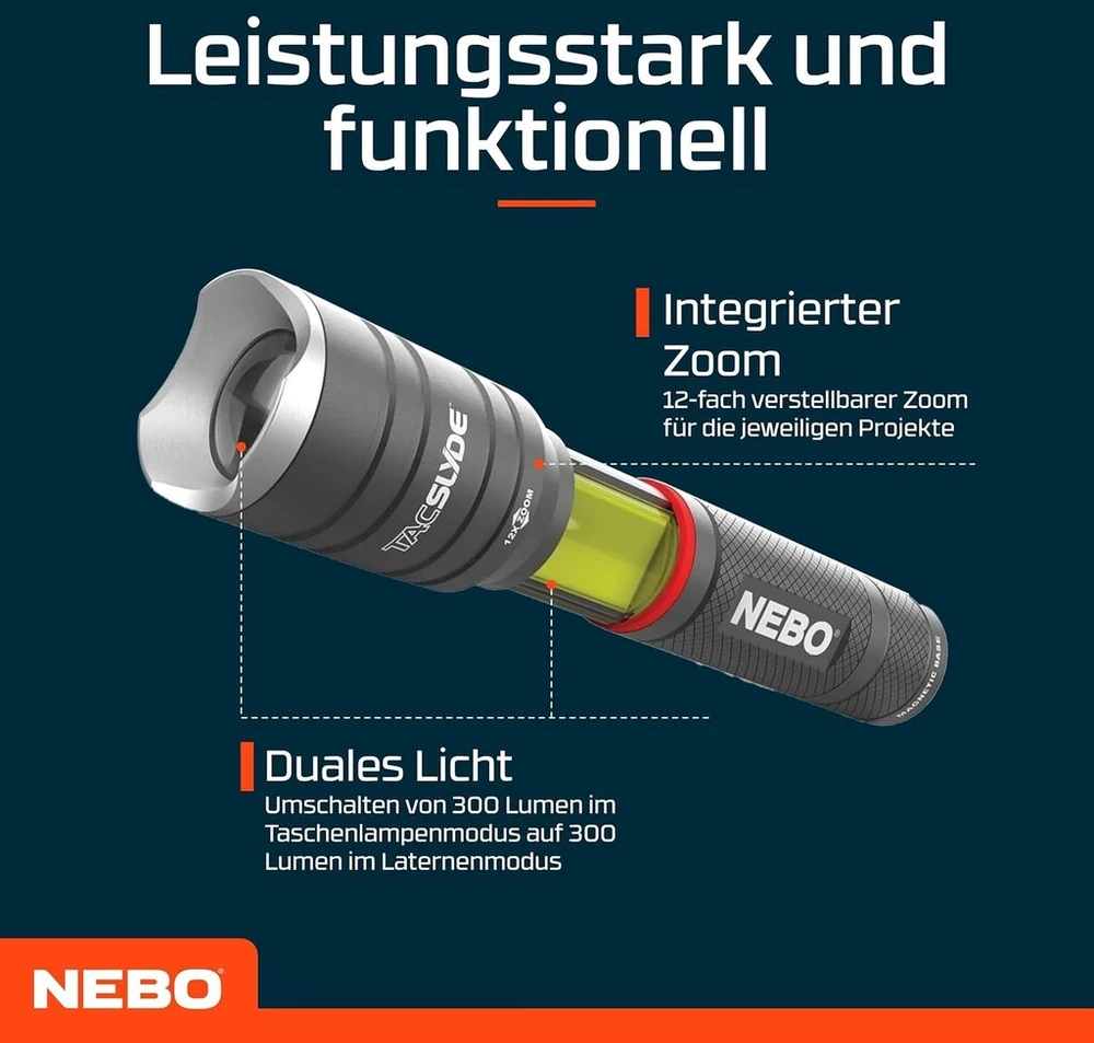 Nebo Tac Slyde - 300 liumenų žibintuvėlis su 12x reguliuojamu priartinimu - 5 šviesos režimai ir cob darbinis žibintas - žygiavimo įranga ir stovyklavimo reikmenys