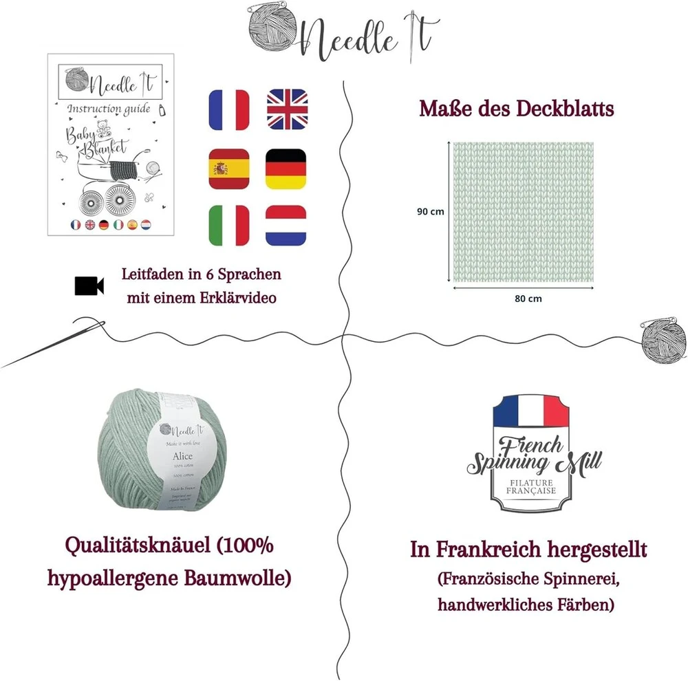 Needle It® - mezgimo rinkinys pradedantiesiems su mezgimo virbalais - kūdikio antklodė mezgimui pačiam - dovanos idėja (mėtinė)