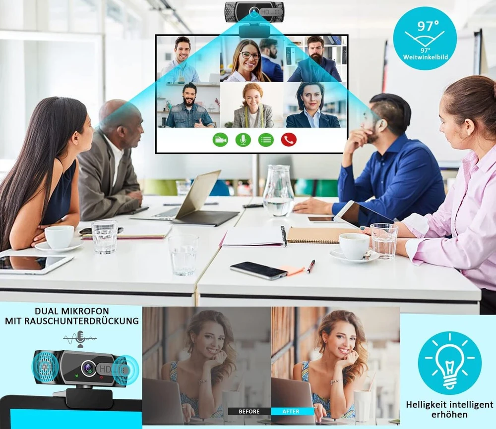 Neefeaer Full Hd 1080p internetinė kamera su mikrofonu, automatiniu šviesos koregavimu, Usb Pc internetinė kamera su dangteliu, 110° plataus kampo, Pc kamera, skirta Pc, nešiojamam kompiuteriui, kompiuteriui, Linux, Mac