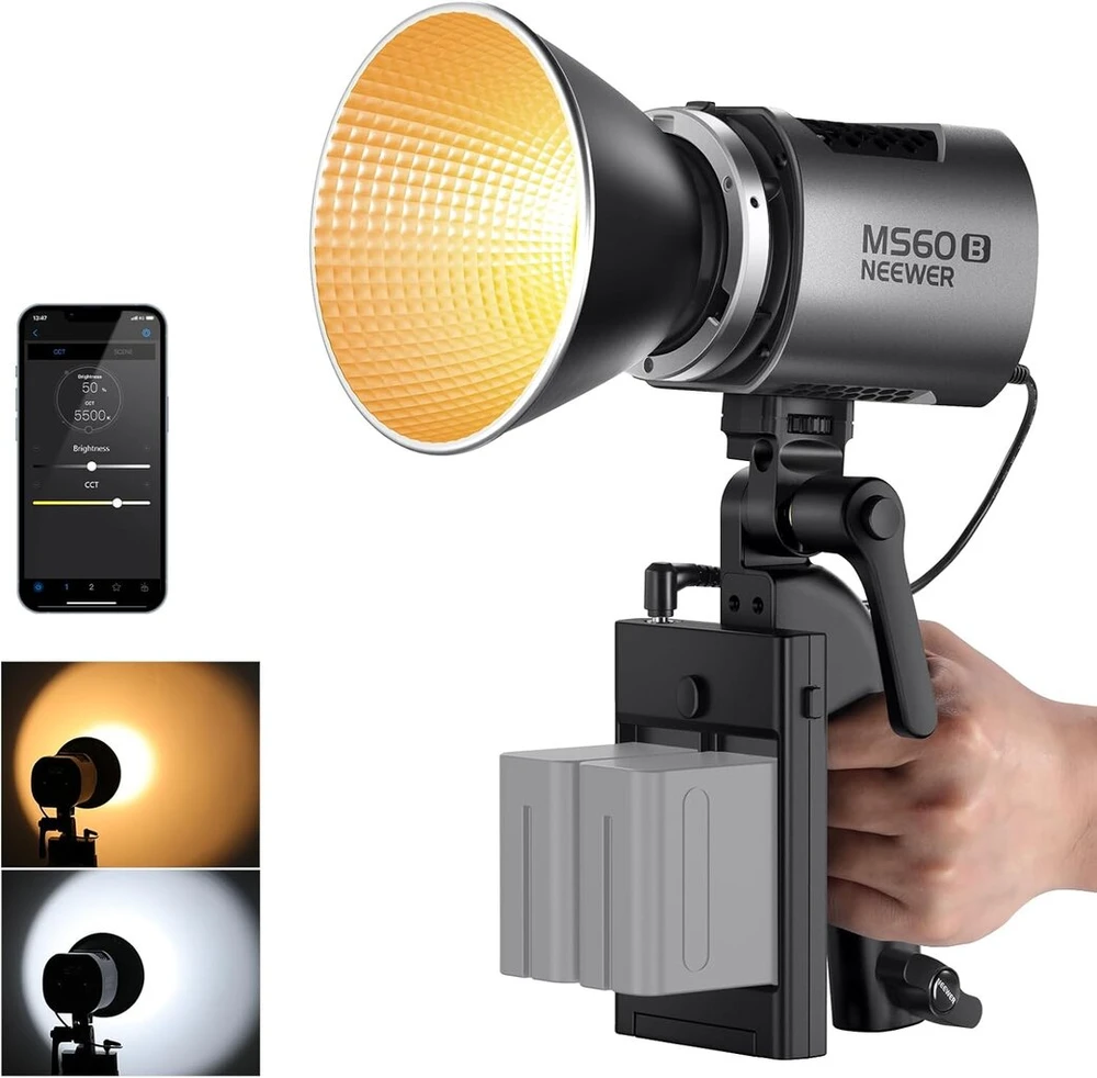 Neewer Ms60b Led vaizdo apšvietimo studijos šviestuvas su 2.4g/app valdymu 65w visiškai metalinis mini kompaktiškas Cob dviejų spalvų studijos nuolatinės šviesos priekinis žibintas 2700k-6500k, 40000lux@1m, Cri 97+/tlci 98+, 12 efektų, Pwm