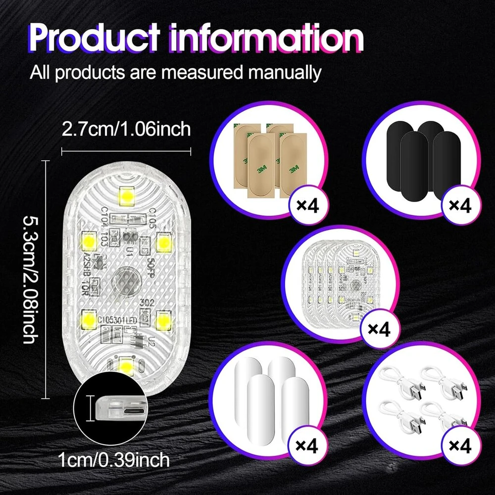 Neovsuny led salono apšvietimas automobiliui, magnetinis led usb jutiklinis šviestuvas, rgb 7 spalvų, reguliuojamas salono apšvietimas automobiliui, įkraunami mobilūs jutikliniai priedai, naktinė salono lemputė, 4 vnt.