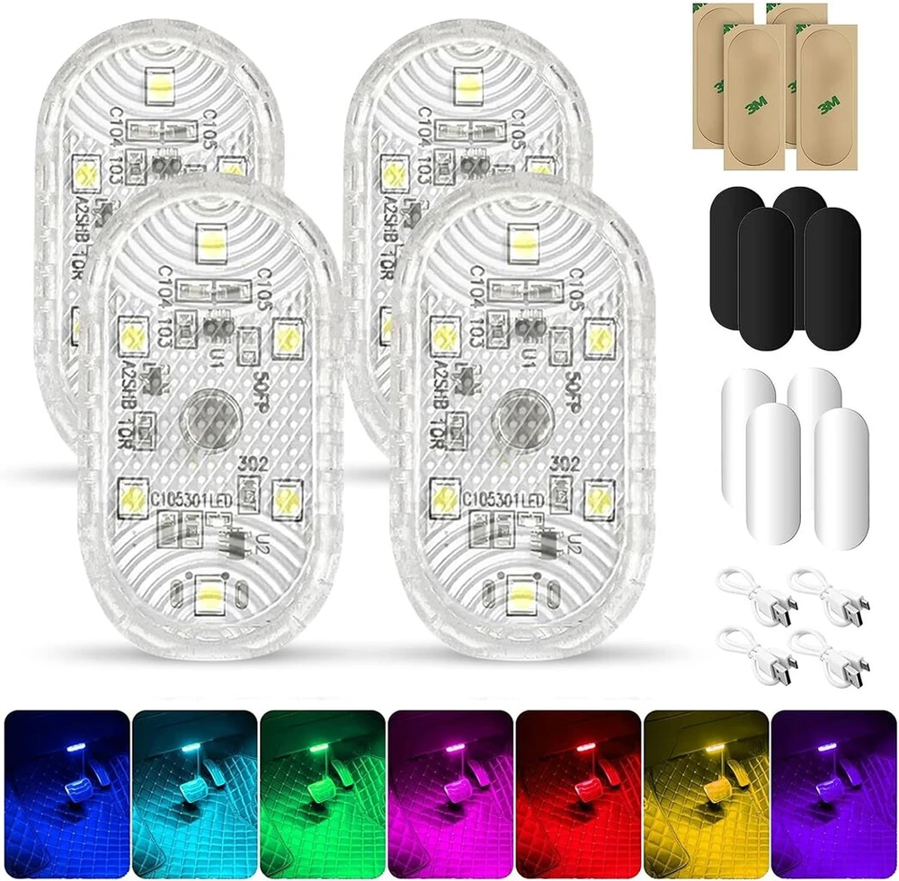 Neovsuny led salono apšvietimas automobiliui, magnetinis led usb jutiklinis šviestuvas, rgb 7 spalvų, reguliuojamas salono apšvietimas automobiliui, įkraunami mobilūs jutikliniai priedai, naktinė salono lemputė, 4 vnt.