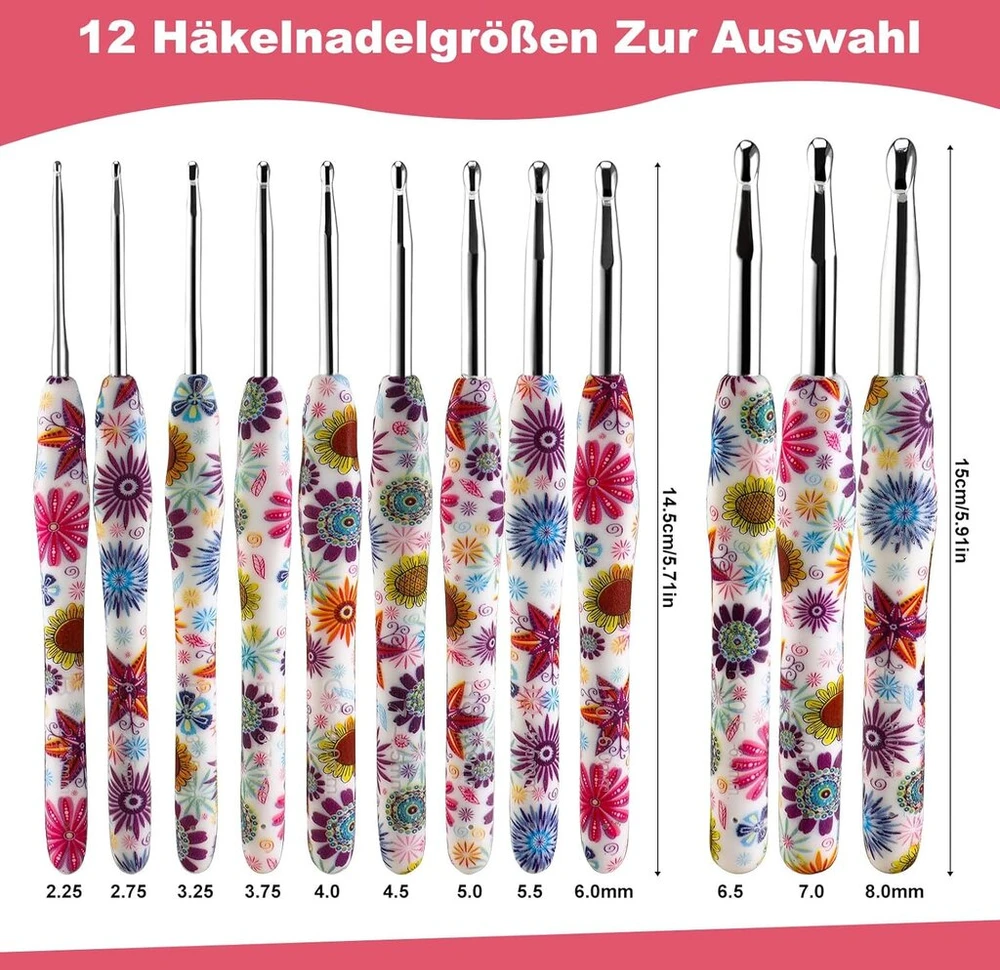 Nėrimo vąšelių rinkinys, 12 dydžių 2,25 mm (w) - 8 mm (n) ergonomiška rankena, skirta artritinėms rankoms, minkšta guminė rankena, mezgimo adatų rinkinys nėrimo pradedantiesiems, mezgimo entuziastams