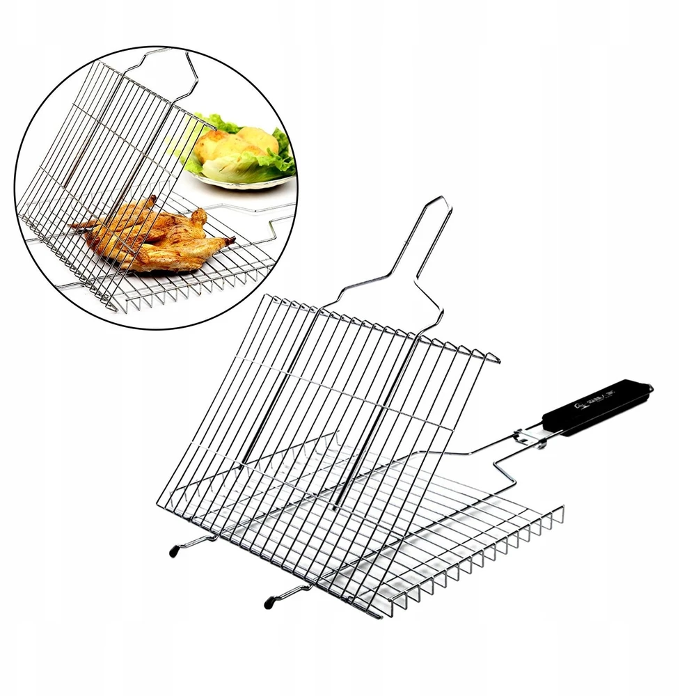 Nerūdijančio plieno bbq grilio krepšys su rankena, grilio tinklelis 62.5x35 cm