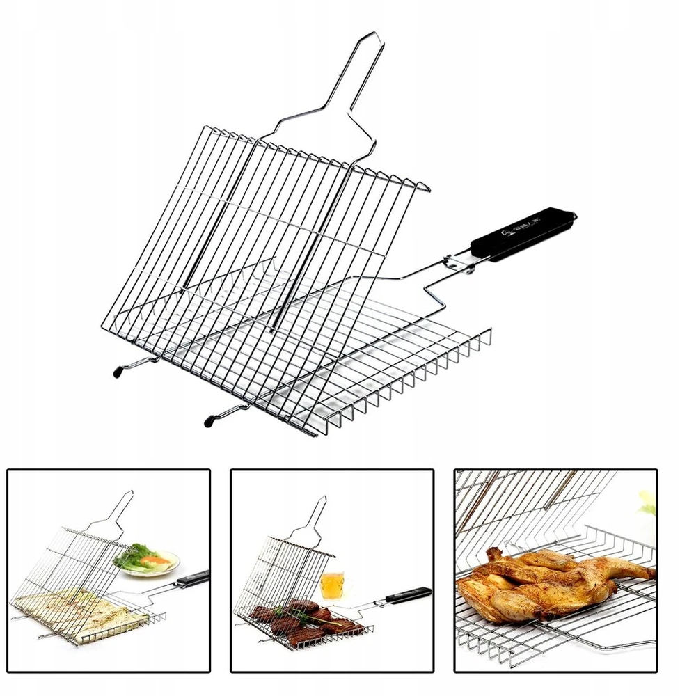 Nerūdijančio plieno bbq grilio krepšys su rankena, grilio tinklelis 62.5x35 cm