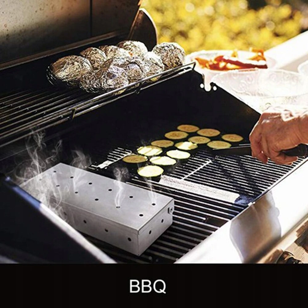 Nerūdijančio plieno dėžutė mėsai, skirta bbq medienos drožlėms, kepsninei
