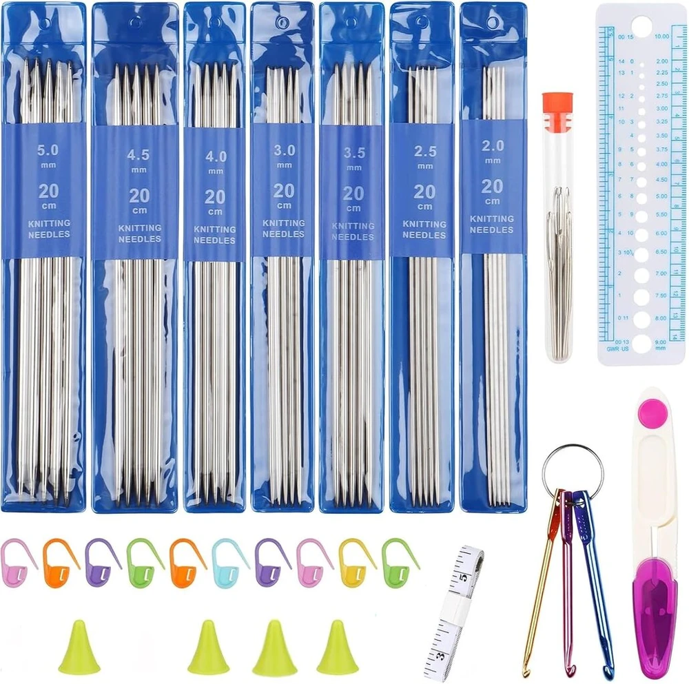 Nerūdijančio plieno dvigubų virbalų rinkinys su mezgimo priedais, 20 cm metalinių virbalų rinkinys 2.0-5.0 mm, trumpi tiesūs mezgimo virbalai kojinėms ir mažiems projektams (pakuotė)