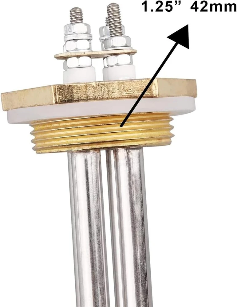 Nerūdijančio plieno kaitinimo elementas 1.25 colio (dn32) 42 mm bsp 3u 24 v 1200 w žalvario flanšas su silikoniniu žiedu