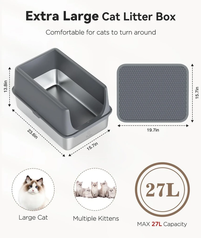Nerūdijančio plieno kraiko dėžė su dangčiu, 60 l x 40 p x 35 a cm, xxl kraiko dėžė, nerūdijančio plieno nelimpanti kraiko dėžė su kraiko semtuvu ir kraiko kilimėliu