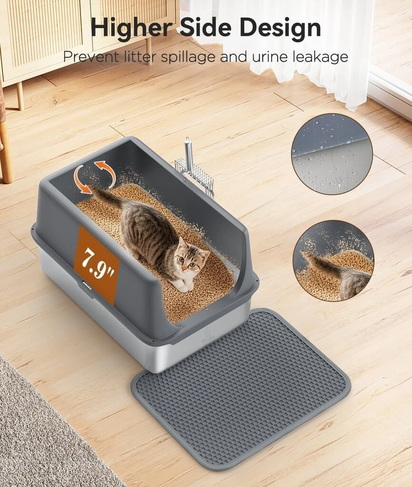 Nerūdijančio plieno kraiko dėžė su dangčiu, 60 l x 40 p x 35 a cm, xxl kraiko dėžė, nerūdijančio plieno nelimpanti kraiko dėžė su kraiko semtuvu ir kraiko kilimėliu