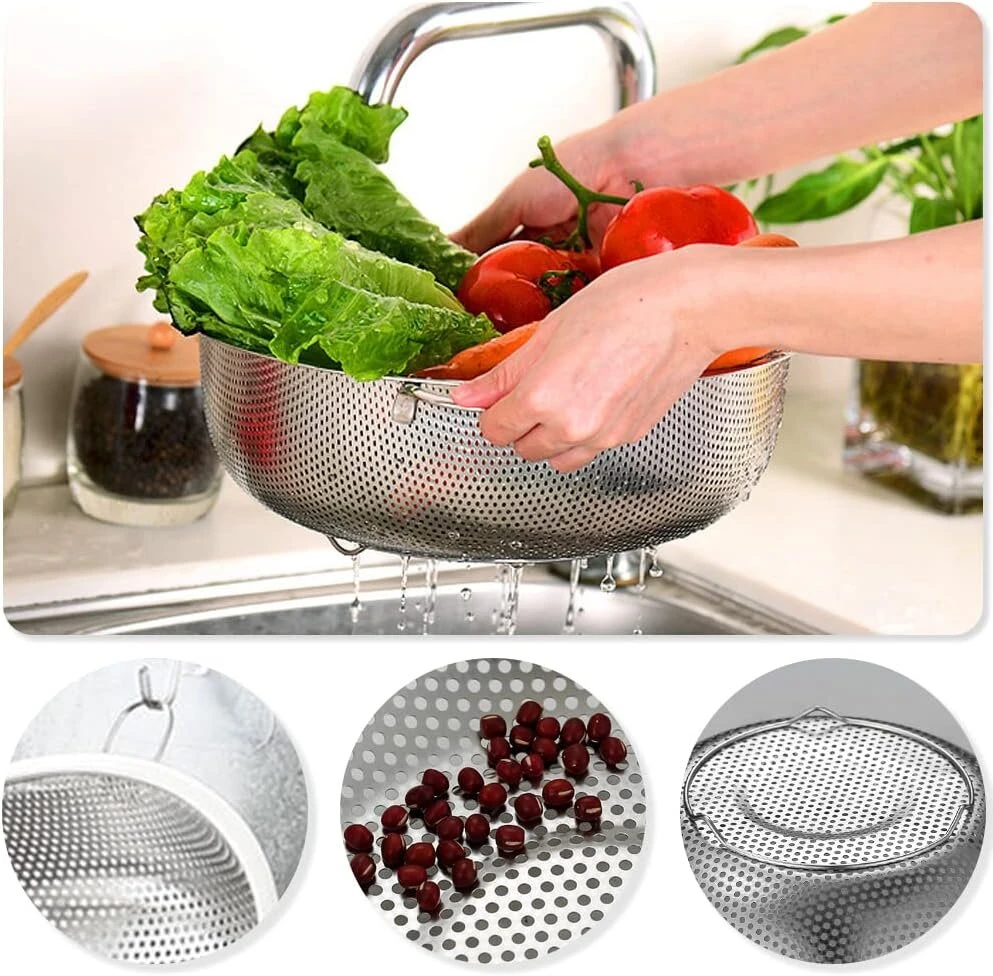Nerūdijančio plieno makaronų koštuvas, virtuvinis koštuvas su rankenomis, skersmuo 28 cm, makaronų koštuvas nerūdijančio plieno, koštuvas su rankenomis, metalinis virtuvinis koštuvas, nerūdijančio plieno virtuvinis koštuvas, virtuvė