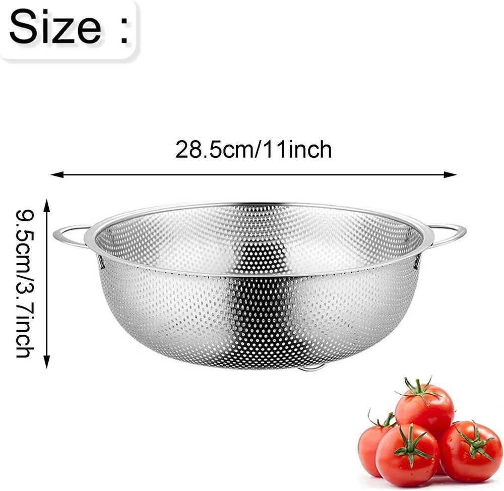 Nerūdijančio plieno makaronų koštuvas, virtuvinis koštuvas su rankenomis, skersmuo 28 cm, makaronų koštuvas nerūdijančio plieno, koštuvas su rankenomis, metalinis virtuvinis koštuvas, nerūdijančio plieno virtuvinis koštuvas, virtuvė