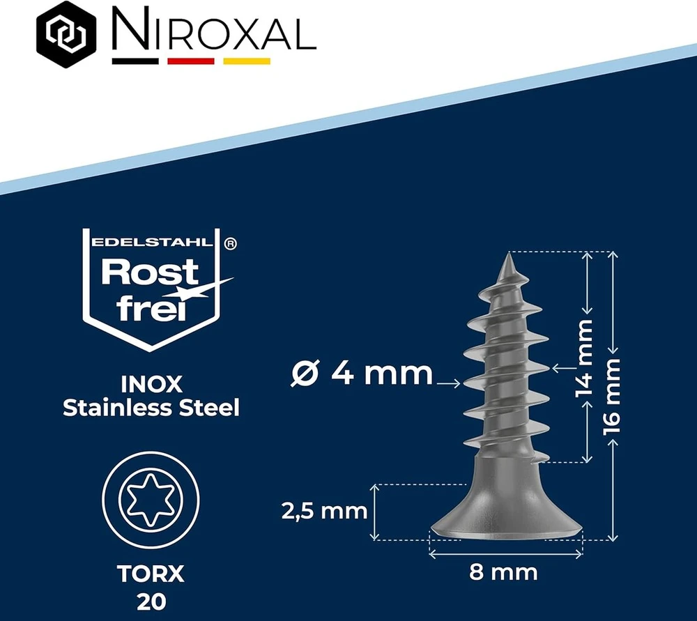 Nerūdijančio plieno medvaržčiai Torx, 4x16mm, 100 vnt.