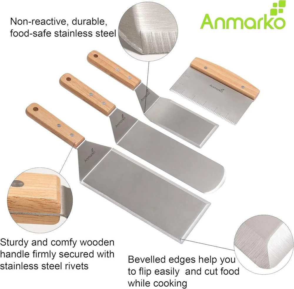 Nerūdijančio plieno metalinė mentelių rinkinys - Teppaniyaki mentelės - Grotelių grandiklis plokščia mentele blynų vartytuvas - Metalinis įrankis Bbq grilio plokščias viršus ketaus grotelių priedai - Komercinės klasės