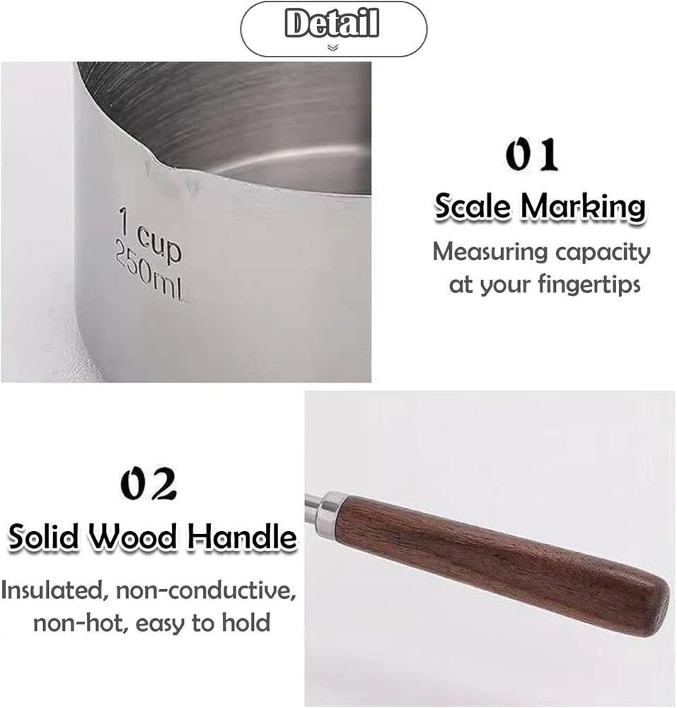 Nerūdijančio plieno pieno puodas mažas, sviesto lydymo indas, nerūdijančio plieno šokolado lydymo indas, sviesto lydymo indas, medinė rankena, 250 ml, skirtas pienui, padažui, padažams, makaronams, kavai, arbatai ir sriuboms