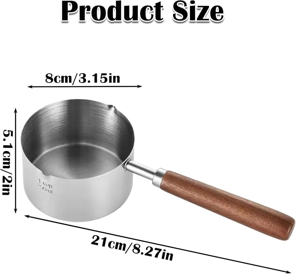 Nerūdijančio plieno pieno puodas mažas, sviesto lydymo indas, nerūdijančio plieno šokolado lydymo indas, sviesto lydymo indas, medinė rankena, 250 ml, skirtas pienui, padažui, padažams, makaronams, kavai, arbatai ir sriuboms