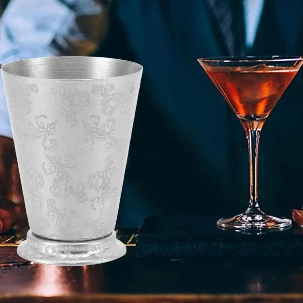 Nerūdijančio plieno puodelis, nerūdijančio plieno mint julep puodelis, sidabro spalvos, vintažinis stilius džinui (lapų struktūra)