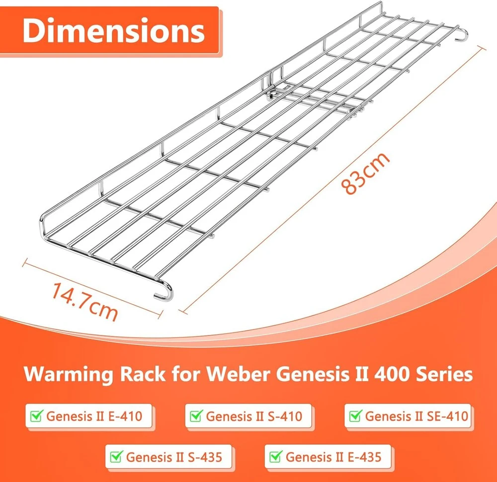 Nerūdijančio plieno šildymo lentyna weber genesis ii 400 serijos dujinėms kepsninėms - praplėsta gaminimo zona modeliams e/s/se-410, e/s-435, atsarginė dalis weber 66045, idealiai tinka maistui šiltam palaikyti