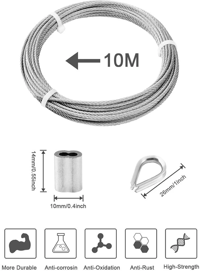 Nerūdijančio plieno trosas 3 mm, 10 m, su jungtimis ir kilpomis