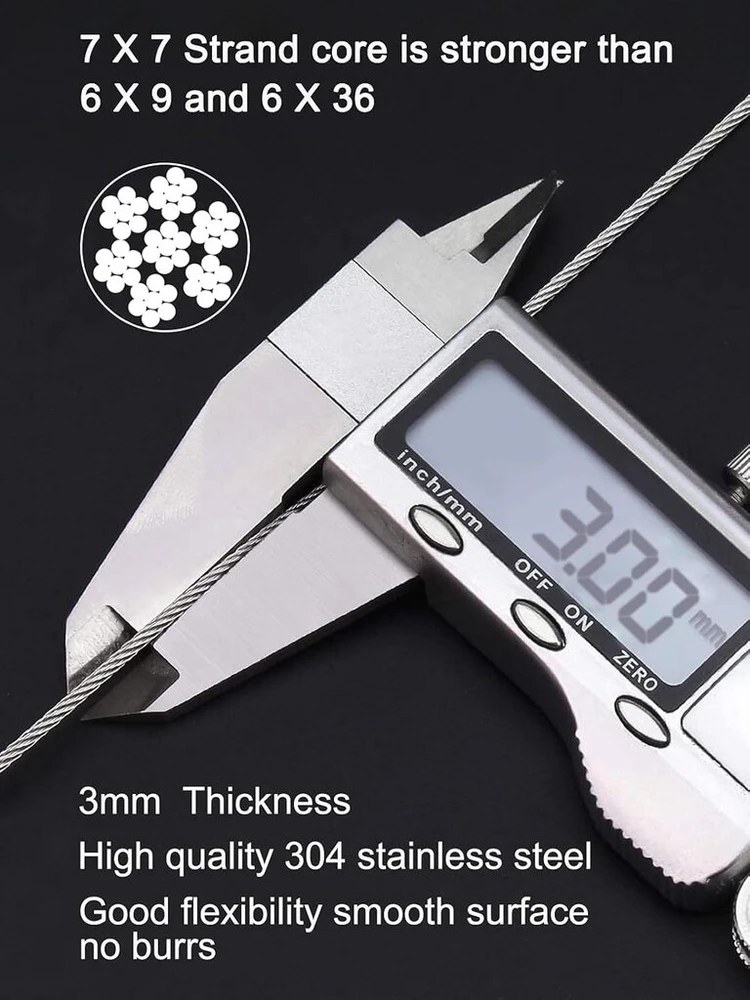 Nerūdijančio plieno trosas 3 mm, 10 m, su jungtimis ir kilpomis