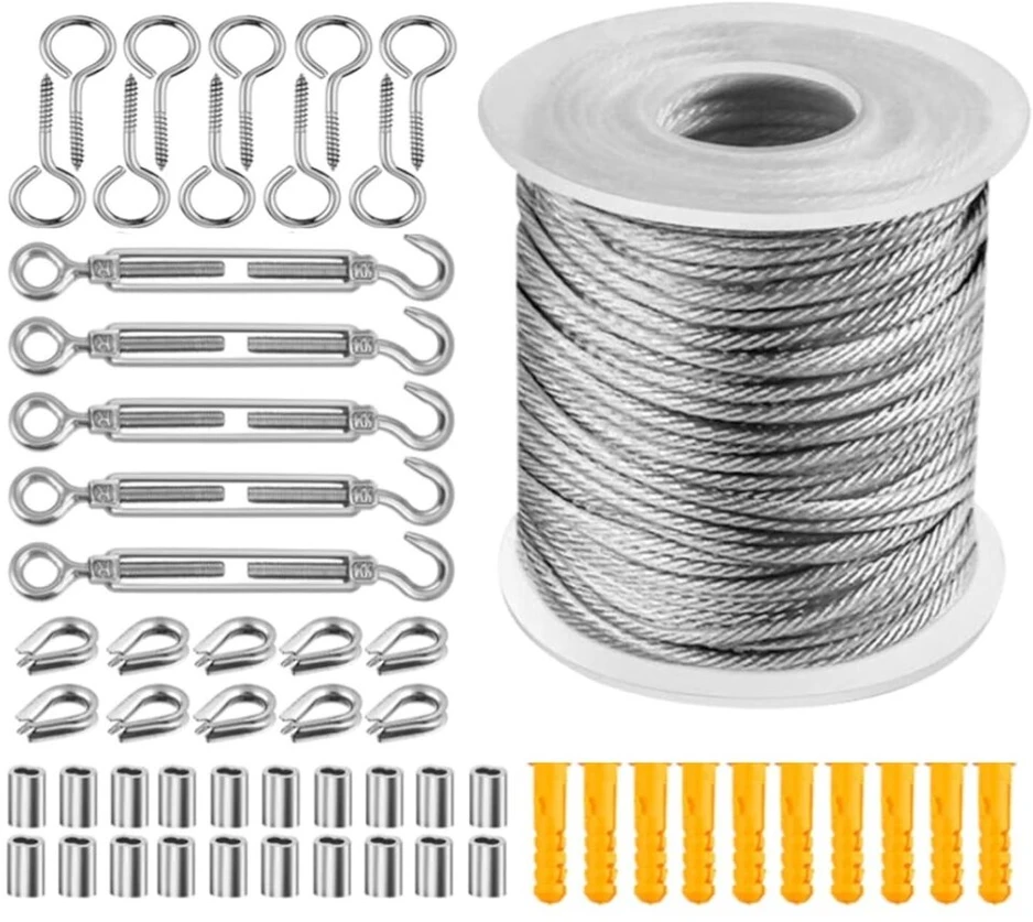 Nerūdijančio plieno vielos lyno rinkinys 30 m, 2 mm nerūdijančio plieno vielos lynas, vielos lyno atramų rinkinys su pvc danga, plieno trosas su kilpomis, m5 lyno įtempiklis nerūdijančio plieno tempiklis skalbinių virvei