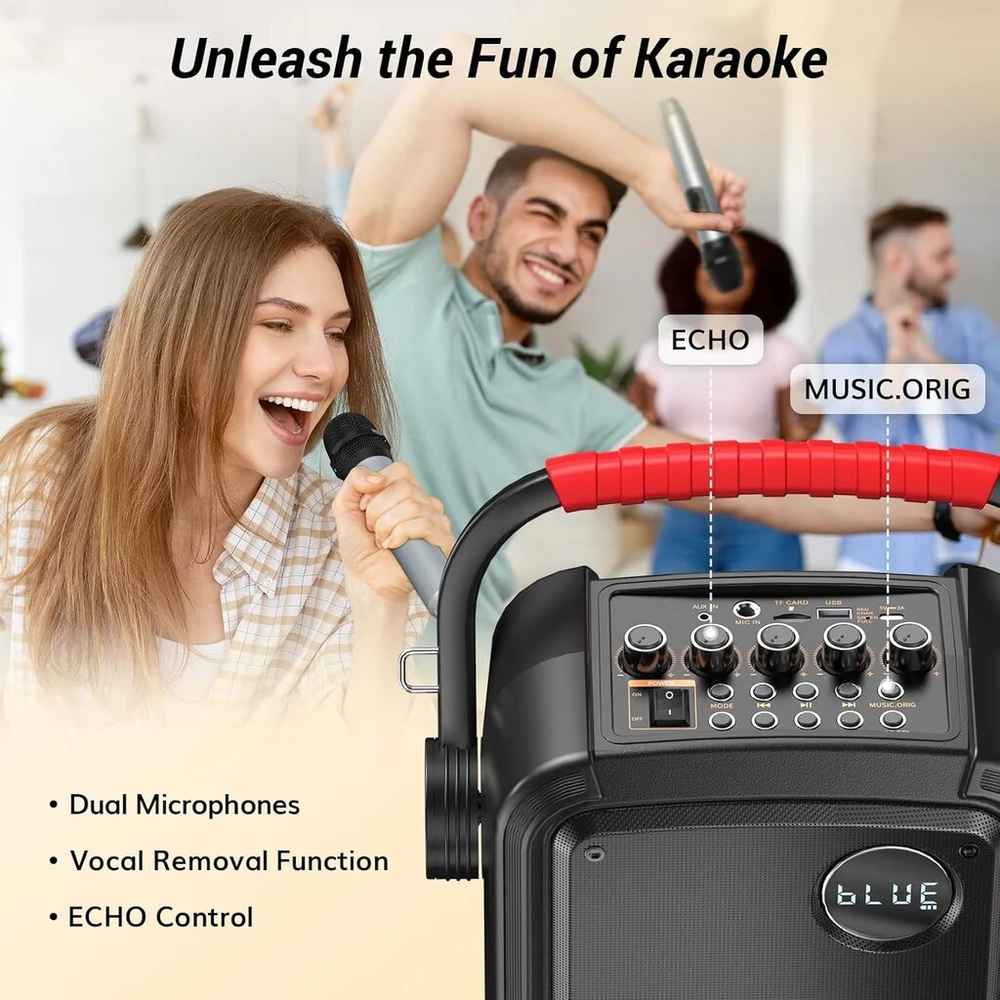 Nešiojama bluetooth kolonėlė Tonor Karaoke Partybox su 2 mikrofonais, belaidė karaoke sistema su belaidžiais mikrofonais, palaiko Bt/tf/usb/aux, skirta vakarėliams/lauke/suaugusiems/vaikams K7