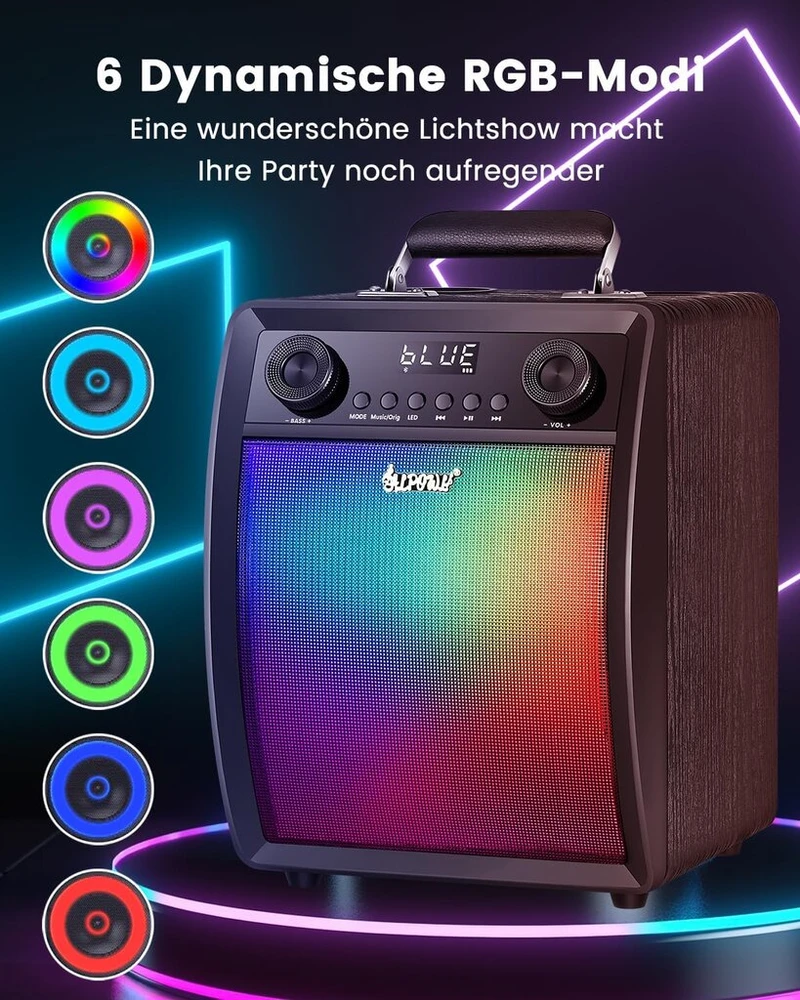 Muzikinis centras Nešiojama karaoke sistema su 2 belaidžiais mikrofonais ir Led apšvietimu