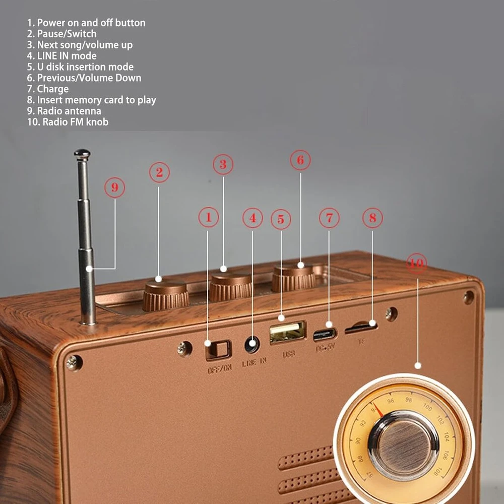 Kompiuterio kolonėlės Nešiojama retro bluetooth kolonėlė, medienos imitacijos radijas, dizaino hifi stereo garsas bt 5.1 usb įkraunamas vintage radijo bluetooth garsiakalbis