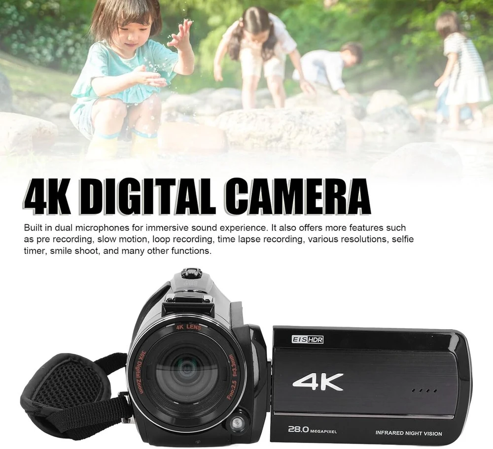 Nešiojama vaizdo kamera, 4k 28mp 30x priartinimas Wifi skaitmeninė vaizdo kamera su 3 colių jutikliniu ekranu, apsauga nuo drebėjimo, 270° pasukimas, infraraudonųjų spindulių naktinis matymas, kompaktiška maža kamera