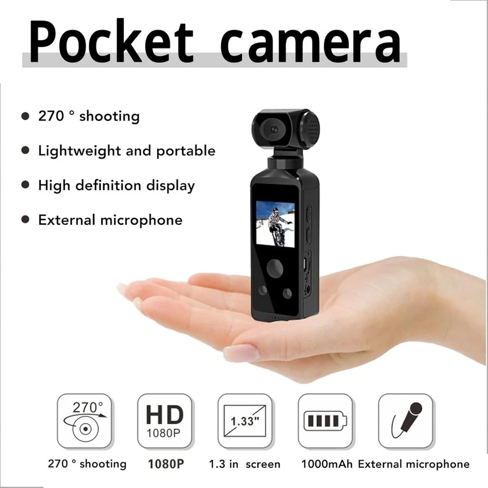 Nešiojamas 3 ašių gimbal stabilizatorius su 4k kamera, 270° pasukama stabilizuojanti veiksmo kamera kišeninio dydžio su vandeniui atspariu dėklu, 16mp nuotrauka, integruotas Wifi, įjungtas