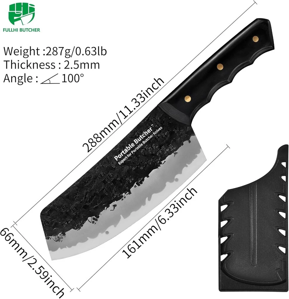 Nešiojamas japoniškas šefo mėsininko Bbq peilis su apsauga, rankų darbo aukštos anglies plieno peilis mėsai kapoti su dėklu virtuvei, stovyklavimui (16,08 cm)