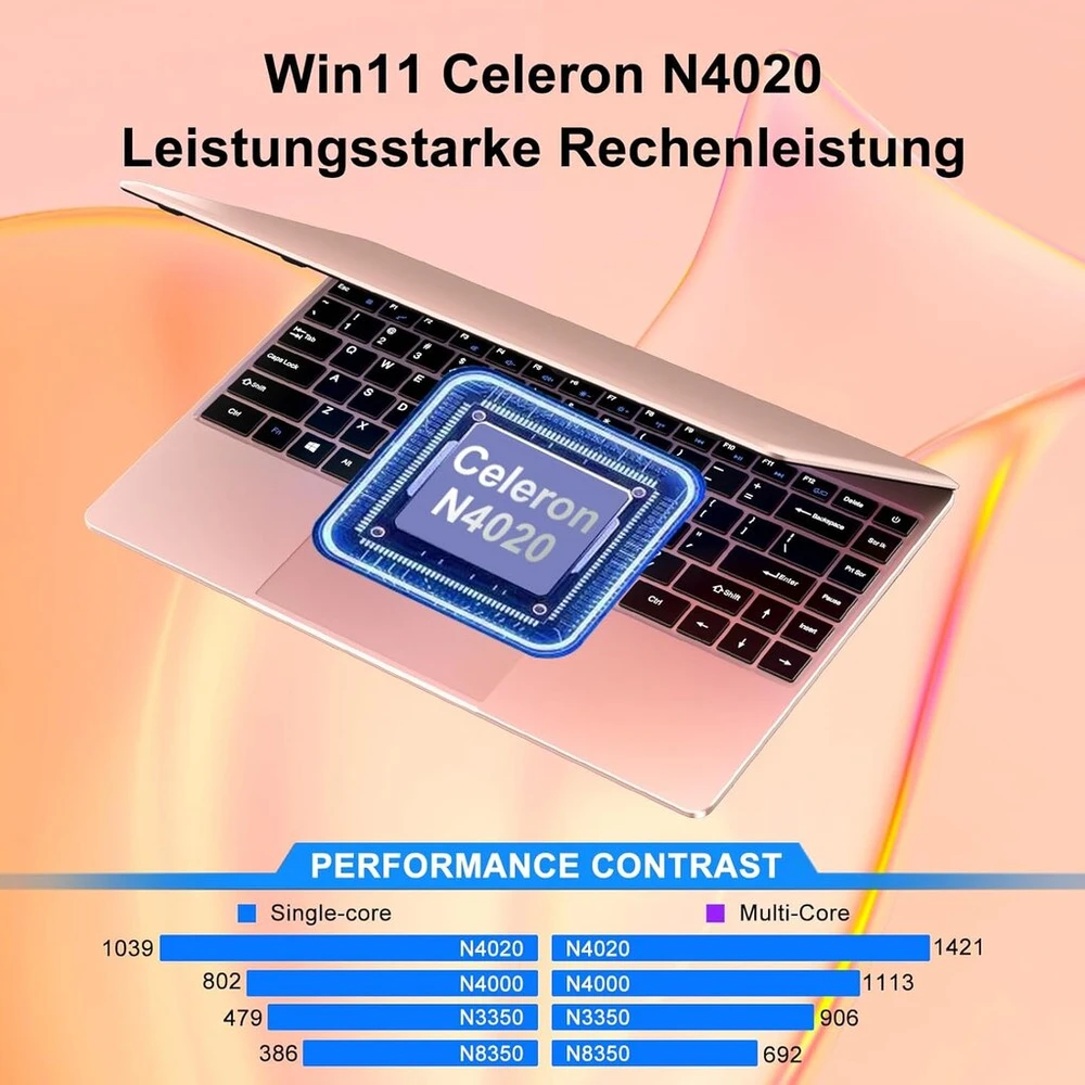 Nešiojamas kompiuteris Celeron N4020 iki 2.8ghz, 14 colių Win 11 su 5g Wifi 6+256gb Ssd išplėtimu iki 1tb, Bt 4.2 1920 x 1080 Fhd Mini Multimedia Connection, Notebook su vokiška klaviatūra, auksinės spalvos