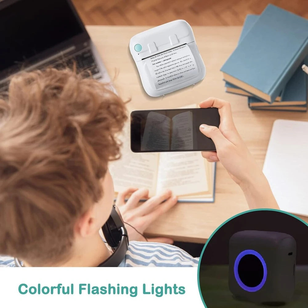Nešiojamas mini spausdintuvas išmaniesiems telefonams, belaidis terminis spausdintuvas su 7 popieriaus ritiniais, kišeninis spausdintuvas be rašalo, išmanusis „bluetooth“ spausdintuvas etiketėms, spausdinimas (baltas)