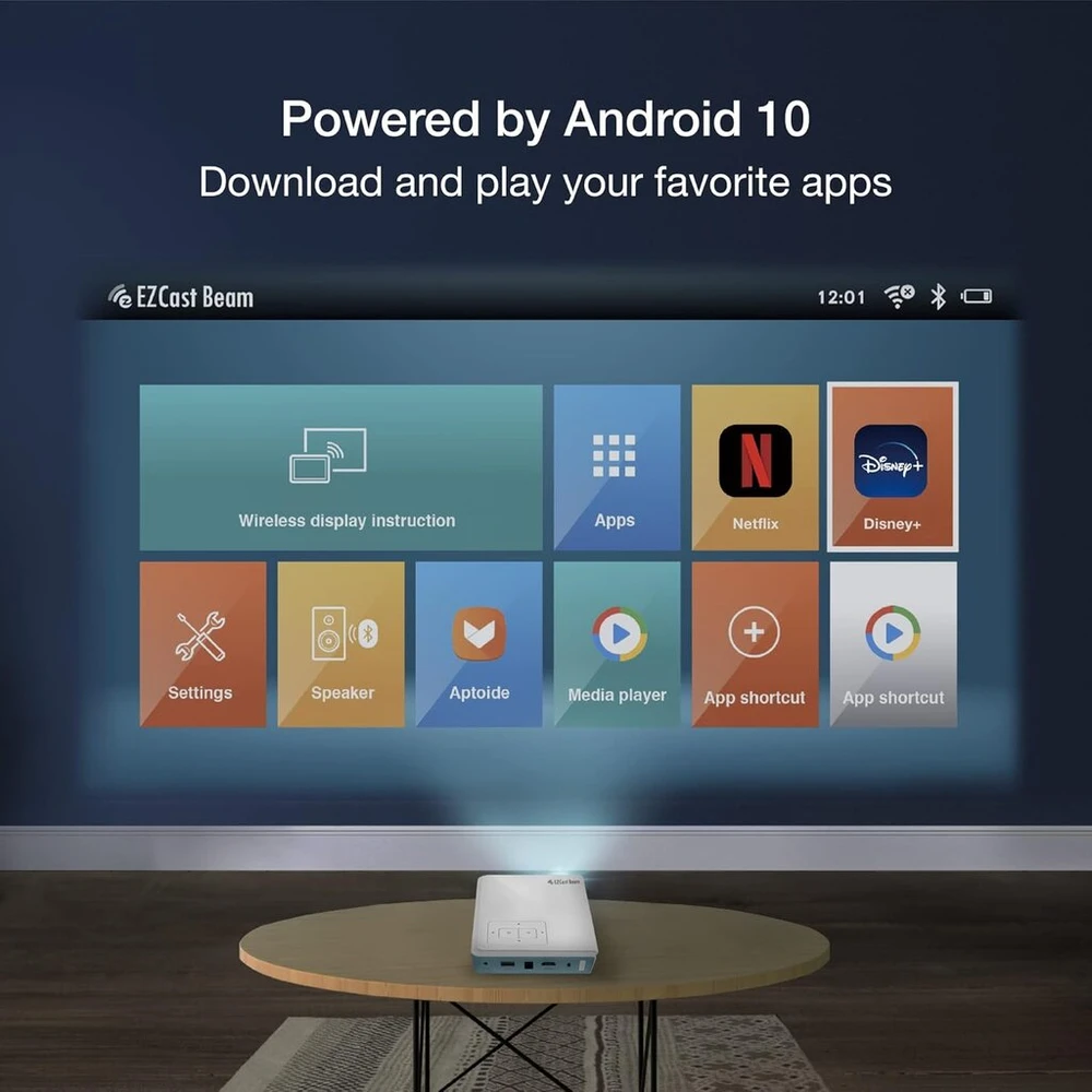 Nešiojamas projektorius Ezcast J4a 2024: mobilus projektorius su android, baterija ir garsiakalbiu kelionėms. Įkraunamas 1080p dlp projektorius. Suderinamas su hdmi, usb, iphone ir nešiojamaisiais kompiuteriais