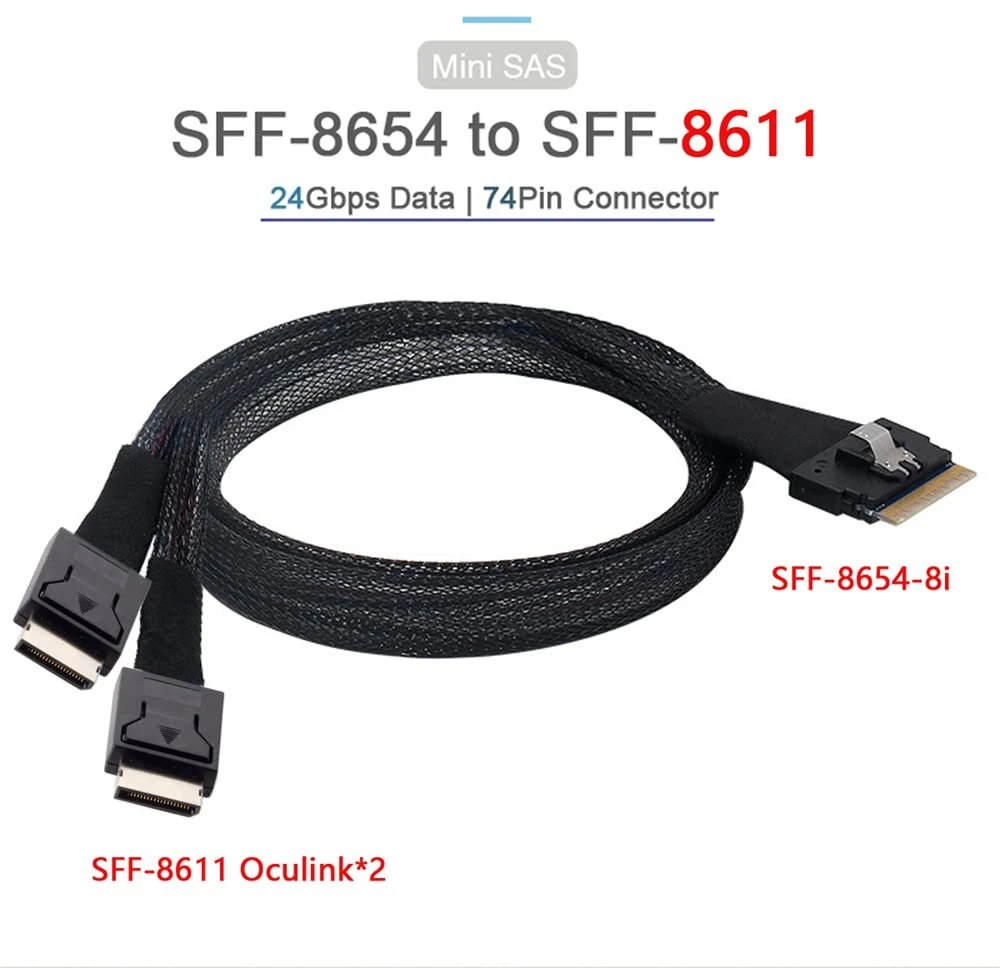 Nfhk pci-e ultraport slimline sas slim 4.0 sff-8654 8i 74pin į dual oculink sff-8611 kabelį 50 cm pci-express