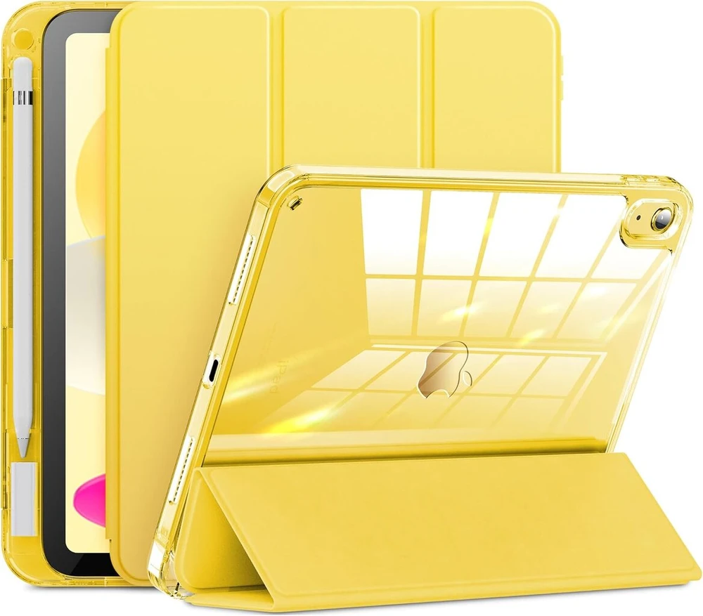 Nfiland dėklas, skirtas ipad 10th generation 2022 su pieštuko laikikliu, smūgiams atsparus išmanusis dėklas ipad 10.9 su permatomu galiniu apsauginiu dangteliu ir automatinio miego/pabudimo funkcija, citrinos geltonumo