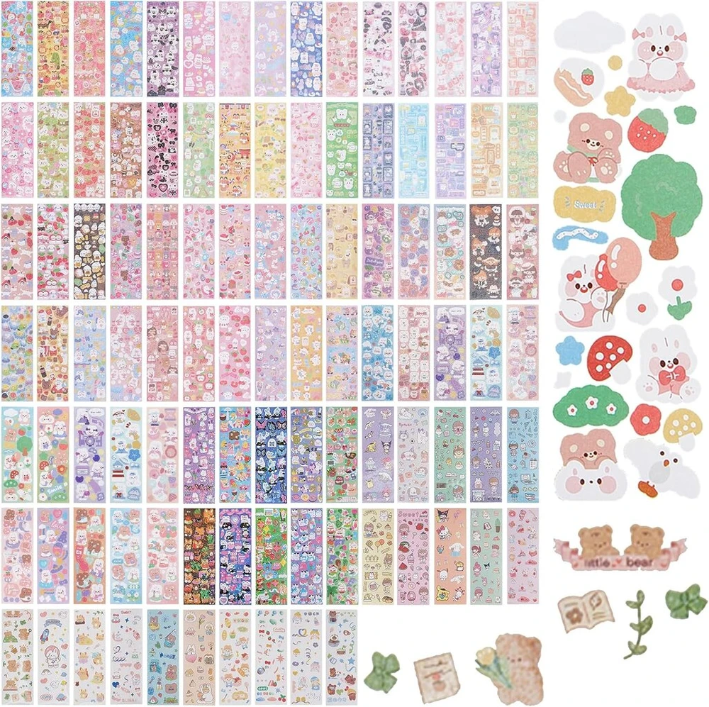 Niceneeded 100 lapų mieli animaciniai kpop dekoratyviniai lipdukai, lipnios spalvingos nuotraukų kortelės, dekoratyviniai lipdukai scrapbooking'ui, žurnalui, pasidaryk pats lipdukų rinkinys, lipdukai atvirukams, albumams