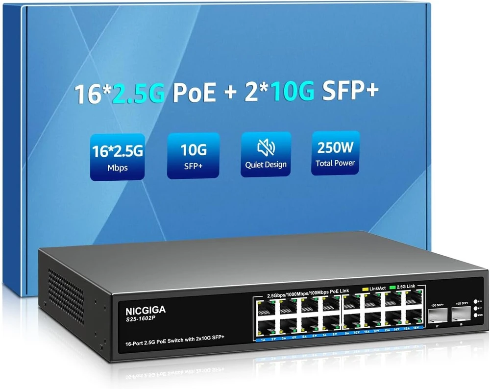 Šakotuvas Nicgiga 18 prievadų 2.5g tinklo jungiklis, 16x 2.5g Poe, 2x 10g Sfp+