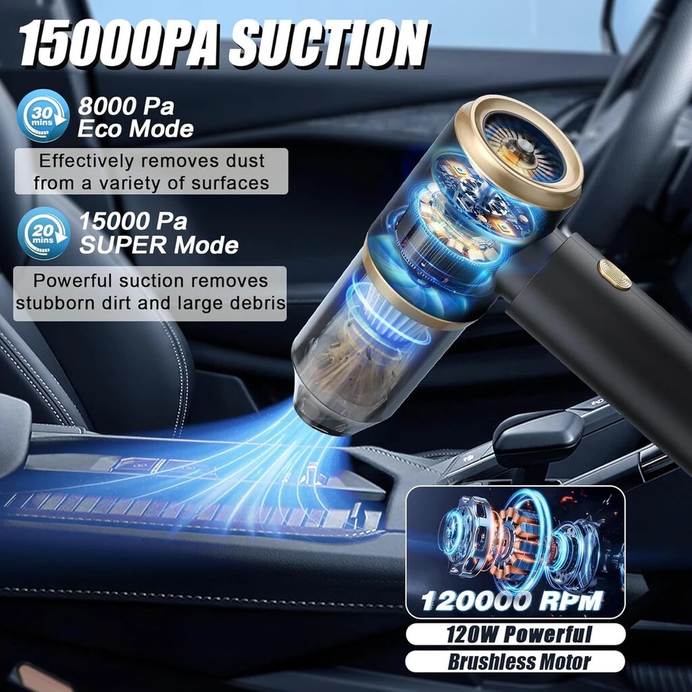 Niwohom rankinis dulkių siurblys, 15000pa rankinis akumuliatorinis dulkių siurblys, 4-in-1 galingas automobilinis dulkių siurblys su plaunamu Hepa filtru, be maišelio, skirtas automobiliui, namams