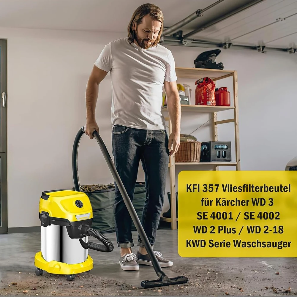 Nixoot 12 vnt. Kfi 357 flisinių filtrų maišelių rinkinys, skirtas Kärcher Wd 3 /wd 2 Plus/wd 2-18 /se 4001 /se 4002 /mv2 /mv3 /kwd serijos plaunamiems dulkių siurbliams, didelės talpos dulkių siurblys skirtas šlapiam ir sausam valymui