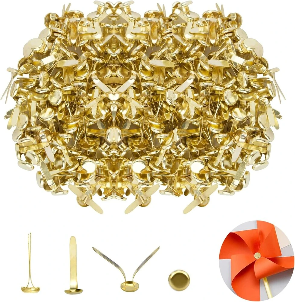 Niyata 200 mini brads pakuotė, raštuoti maišelių segtukai, skirstomieji kaiščiai, apvalūs galvučių segtukai, 8 x 18 mm, apvalūs galvučių segtukai scrapbooking'ui, biurui, popieriui, pasidaryk pats (auksiniai)