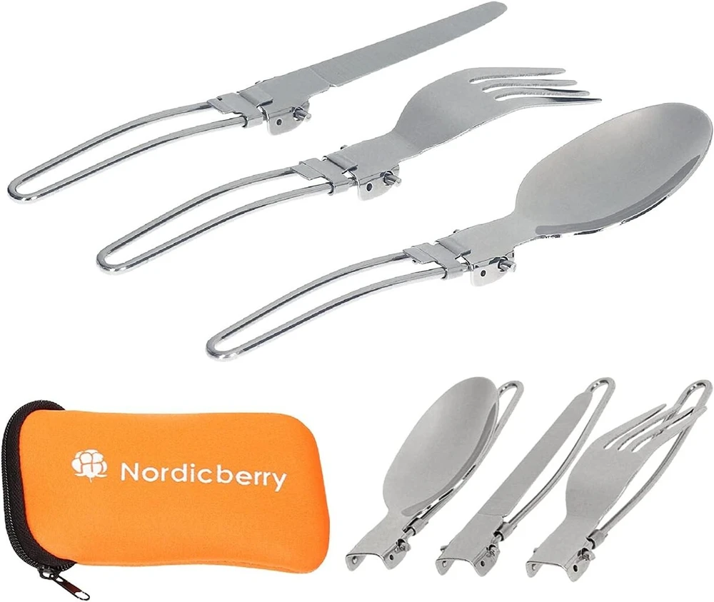 Nordicberry Lauko sulankstomi stalo įrankiai ir stovyklavimo stalo įrankiai, pagaminti iš aukštos kokybės nerūdijančio plieno su neopreno maišeliu (oranžiniai)