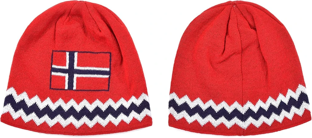 Norge Beanie Kepurė Žiemai - Raudona, Tamsiai Mėlyna, Balta