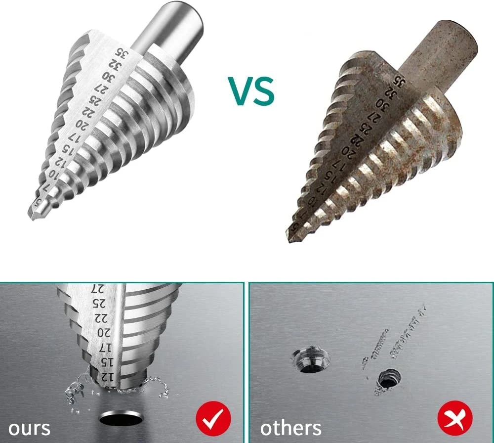 Norhogo Hss pakopinis grąžtas [10 mm kotas] - tinka bet kokiam grąžto griebtuvui - kūginio grąžto skersmuo 5-35 mm, kūginis grąžtas idealiai tinka metalui, medžiui, plastikui, sidabrui, 13 pakopų kūginis grąžtas