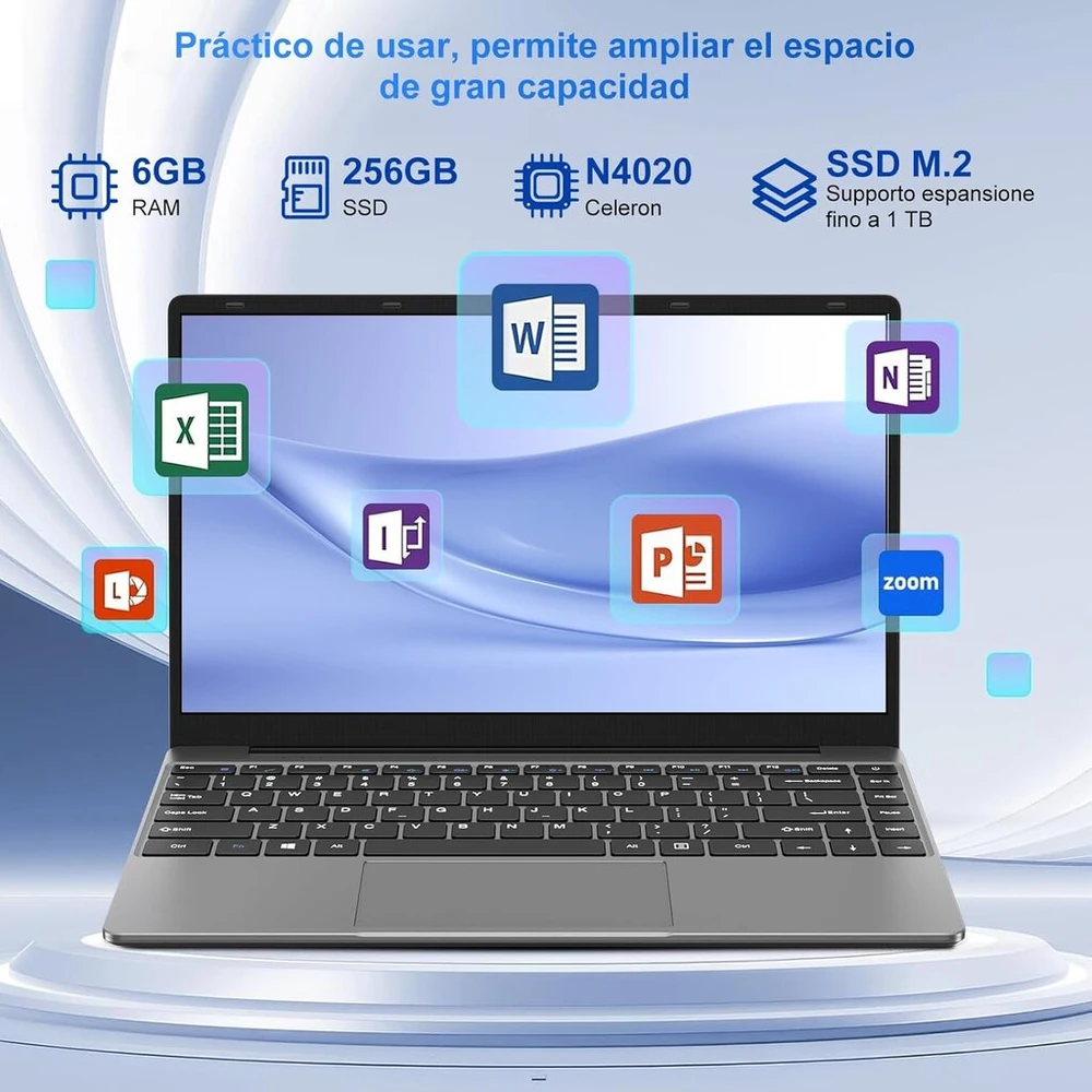 Notodd nešiojamas kompiuteris win11, 14 colių, 6 gb ram, 256 gb ssd, galimybė išplėsti iki 1 tb, su cpu n4020 iki 2.8 ghz, pilkas