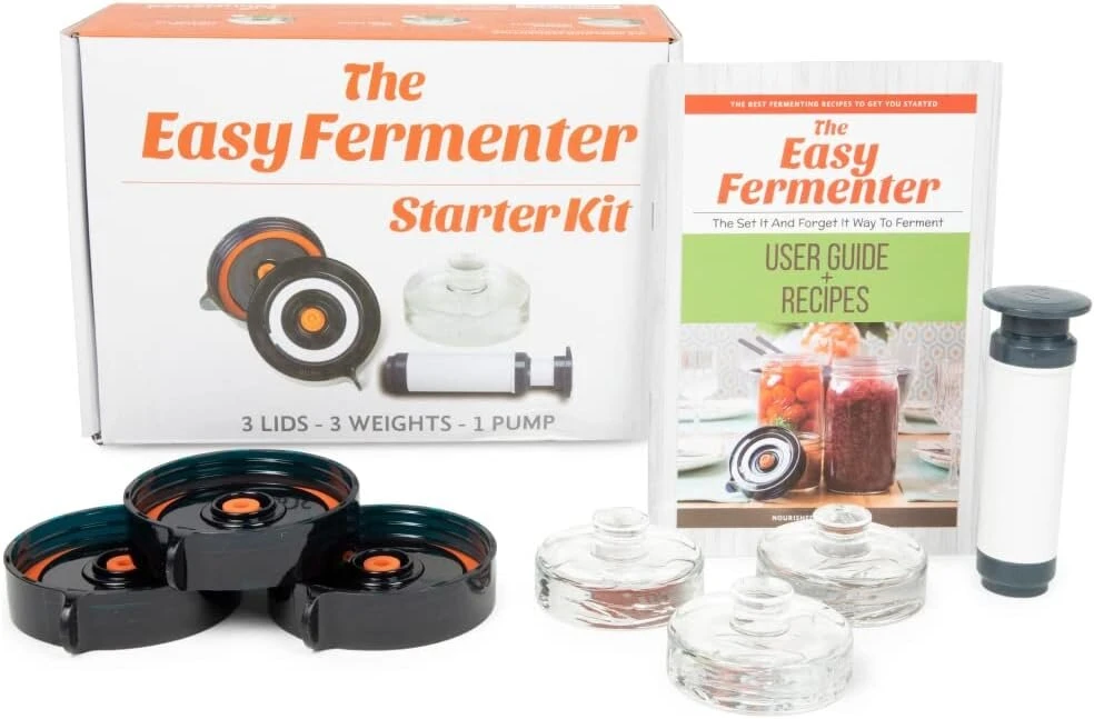 Nourished Essentials Raugiklių rinkinys (3 mason stiklainiai, užsukami dangteliai, 3 fermentacijos svareliai, pompa) konservavimo stiklainiai neįeina. Lengvai pasigaminkite kimchi, raugintus kopūstus